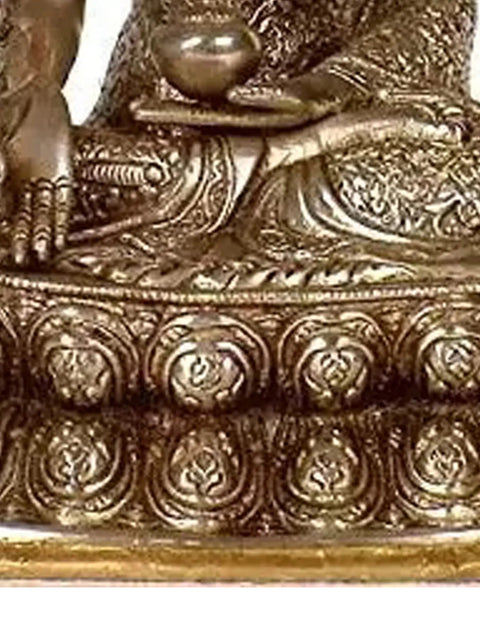 11" Tibetan Buddhist Deity- Medicine Buddha with Wide Lotus Base (Robes Decorated with Scenes from the Life of Buddha) In Brass | Handmade | Made In India