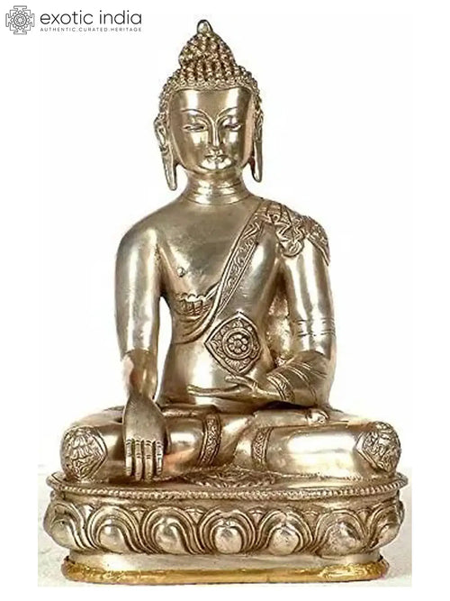 11" Handmade Brass Buddha Statue in Bhumisparsha Mudra with Ashtamangala