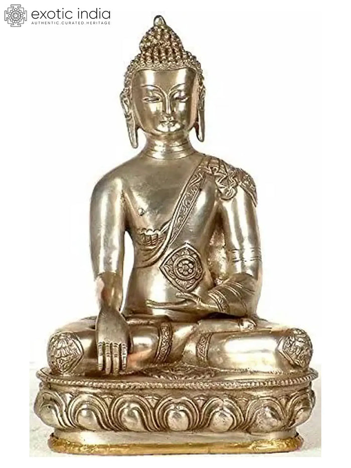 11" Handmade Brass Buddha Statue in Bhumisparsha Mudra with Ashtamangala