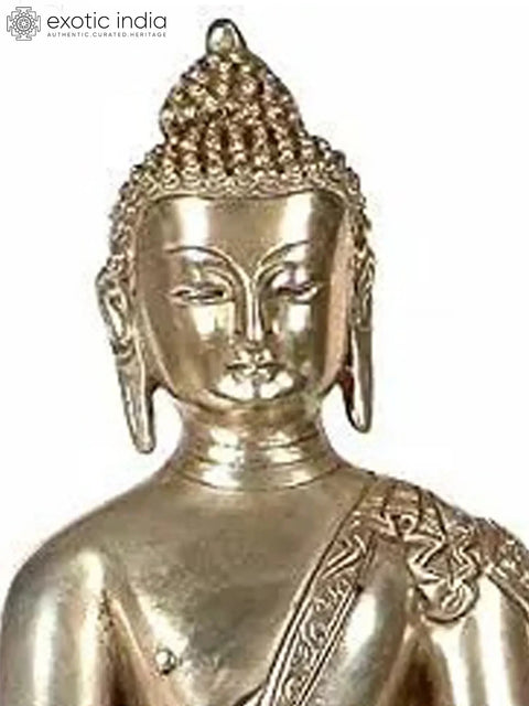 11" Buddha in Bhumisparsha Mudra with Ashtamangala Carved on His Robe In Brass | Handmade | Made In India