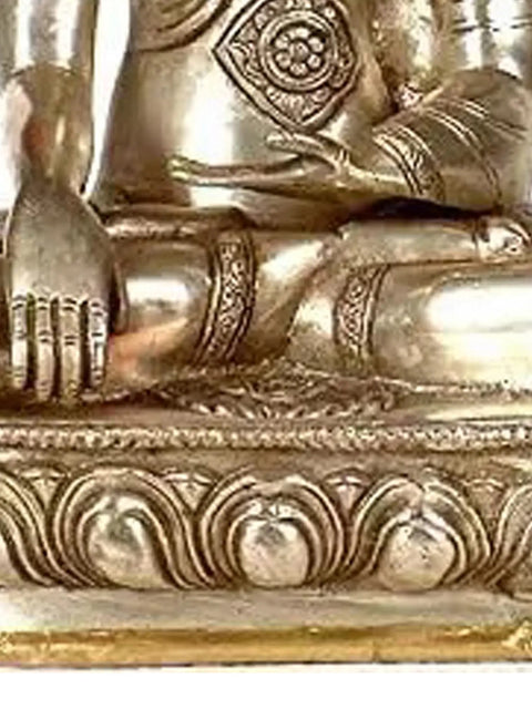 11" Buddha in Bhumisparsha Mudra with Ashtamangala Carved on His Robe In Brass | Handmade | Made In India
