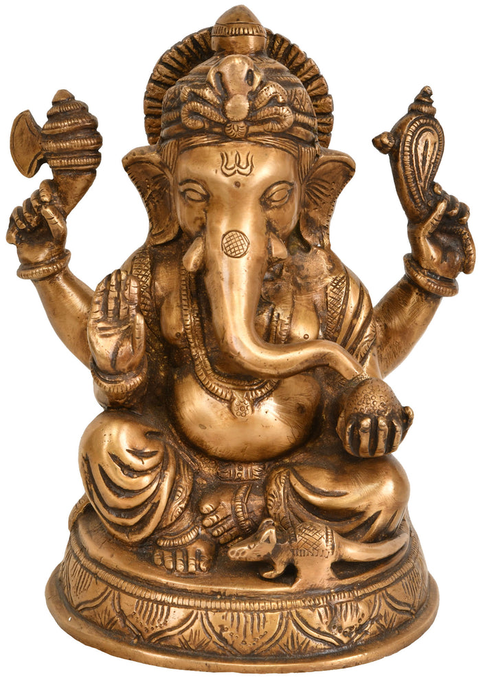 8" Handmade Ganesha Brass Idol in Maharaja Lila Asana