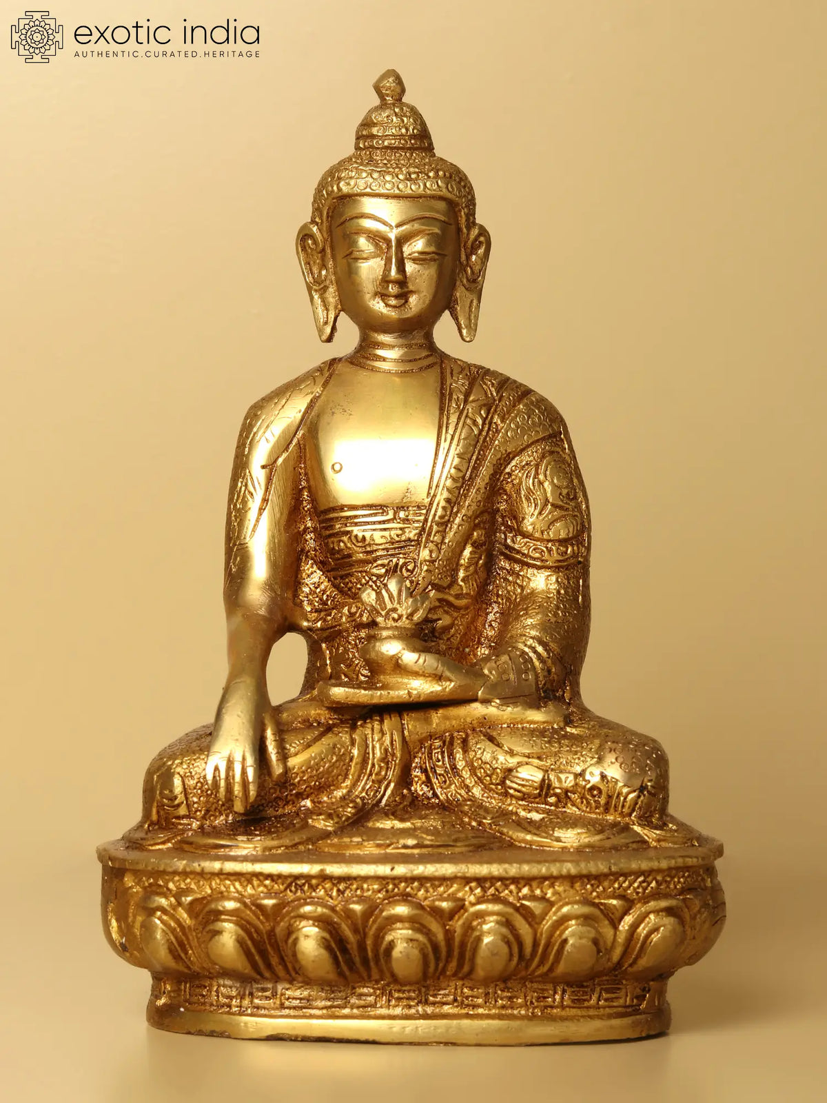 7" Brass Bhumisparsha Buddha Statue (Robes Decorated with Auspicious Symbols) | Handmade | Made in India
