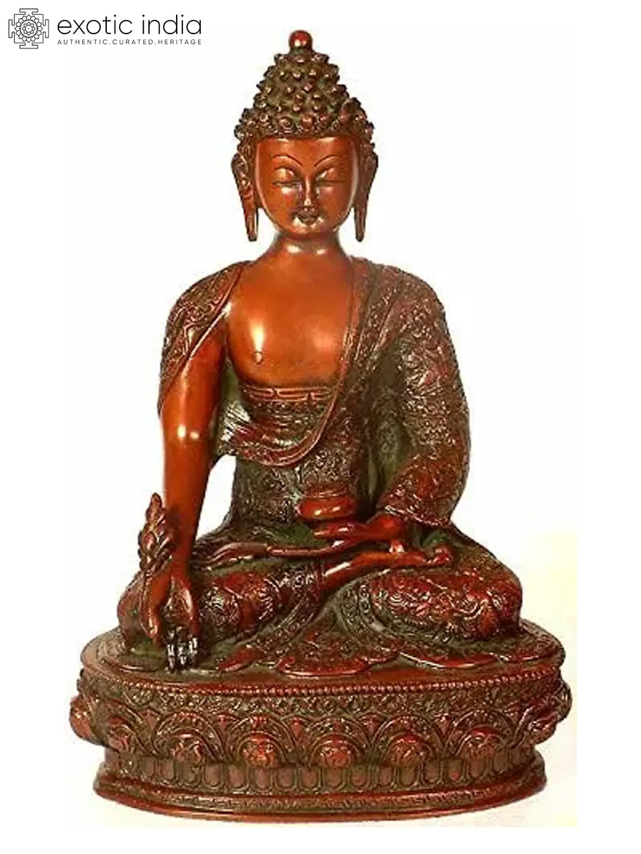 13" Medicine Buddha Brass Statue with Engraved Buddha Life Scenes