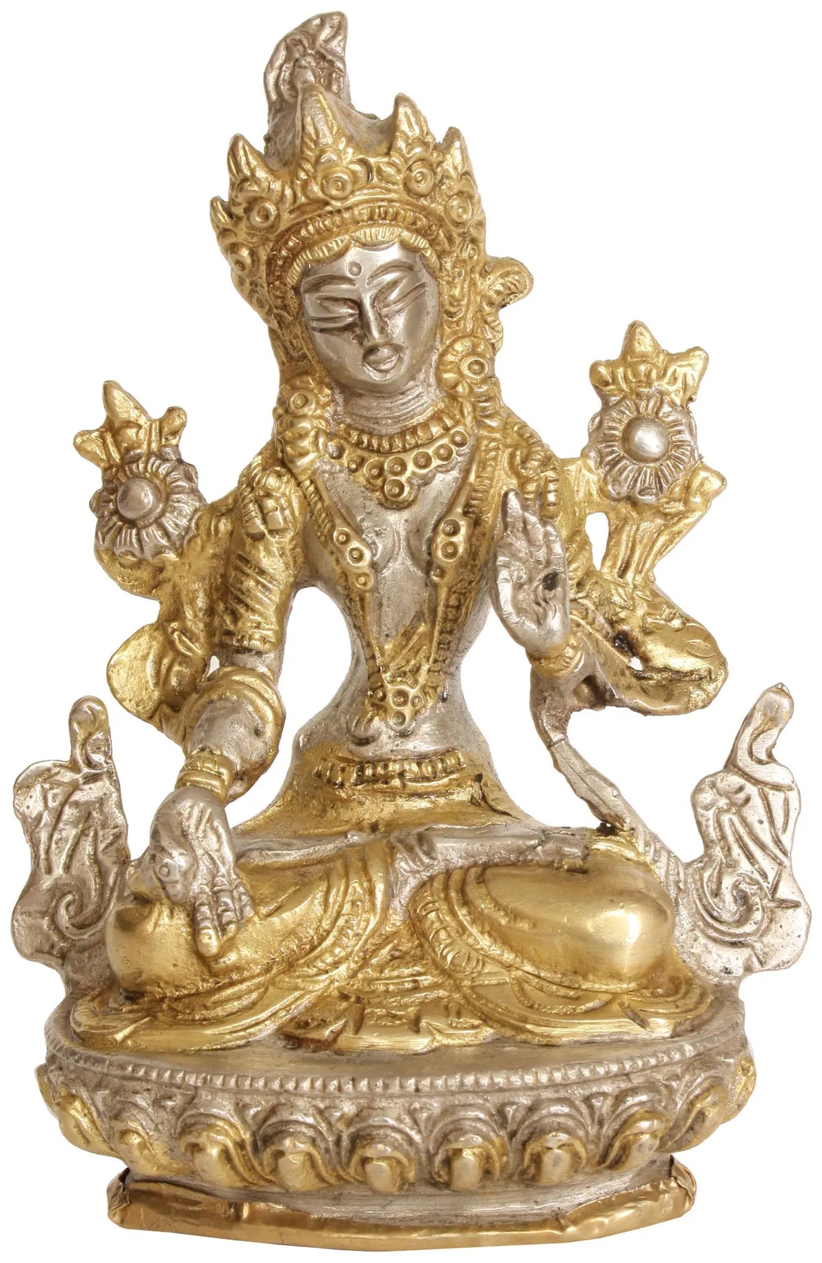 5" Goddess White Tara Idol in Brass | Tibetan Buddhist Deity Statue