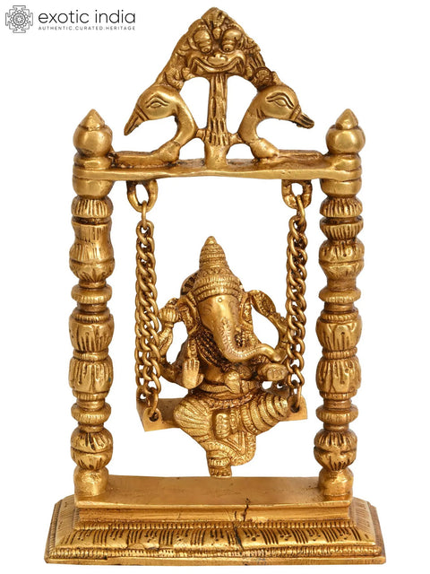 8" Brass Lord Ganesha Idol on a Swing | Handmade Home Temple Statue