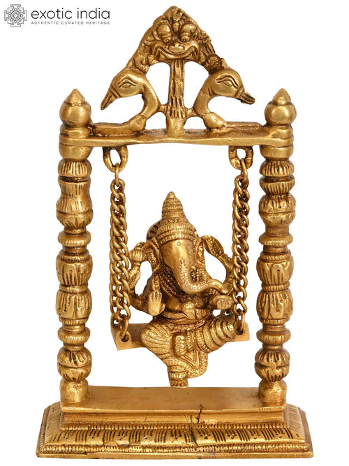 8" Brass Lord Ganesha Idol on Swing Handmade Home Temple Statue