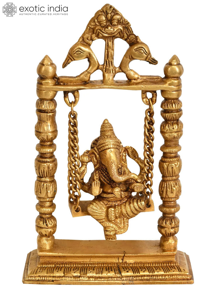8" Brass Lord Ganesha Idol on Swing Handmade Home Temple Statue