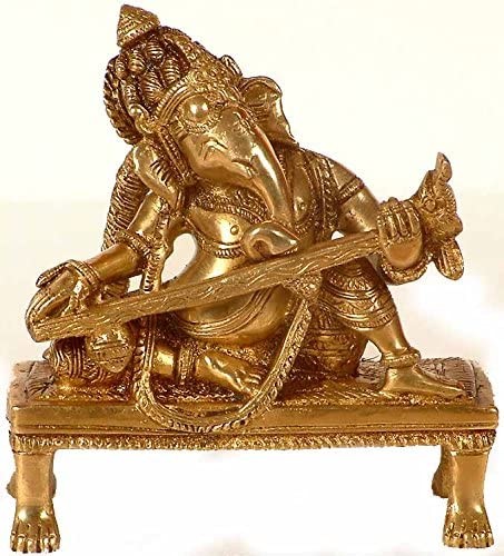 4" Brass Lord Ganesha With Sitar Handmade Statue
