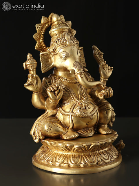 9" Kamalasana Chaturbhuja Ganesha | Brass Statue