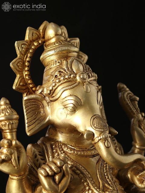 9" Kamalasana Chaturbhuja Ganesha | Brass Statue
