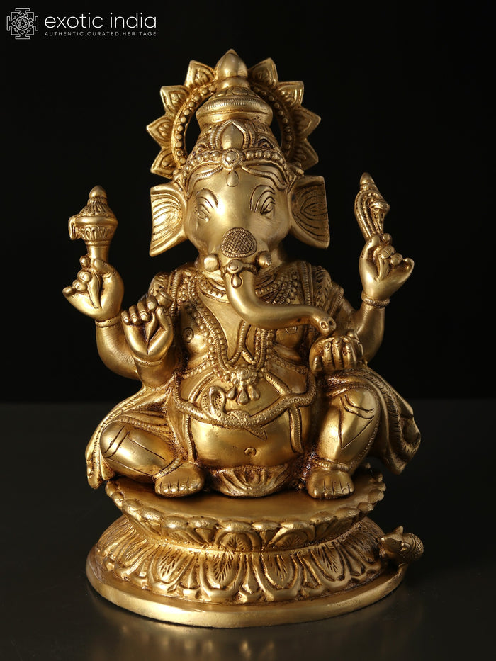 9" Chaturbhuja Ganesha Brass Idol for Pooja