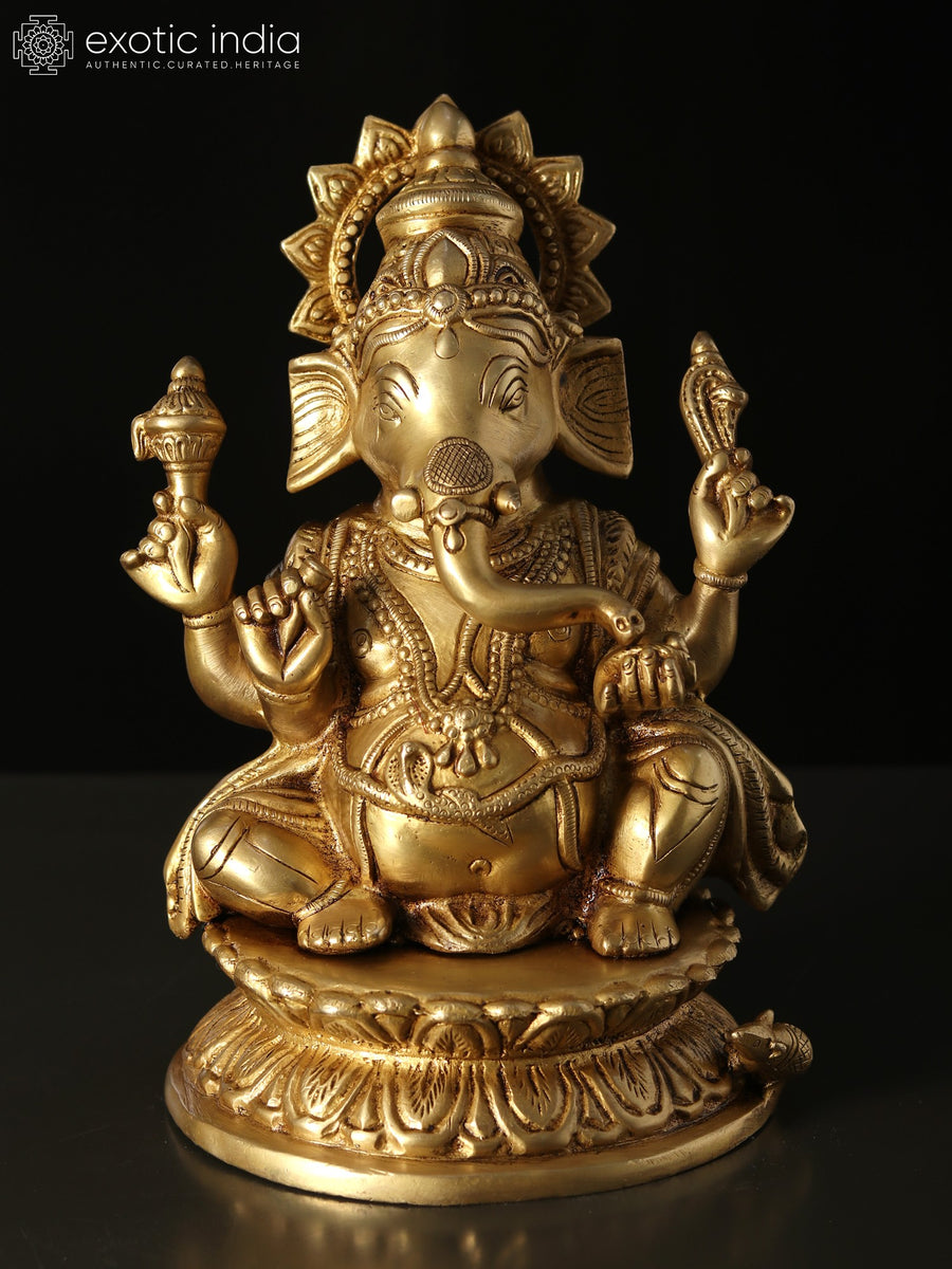 9" Chaturbhuja Ganesha Brass Idol for Pooja