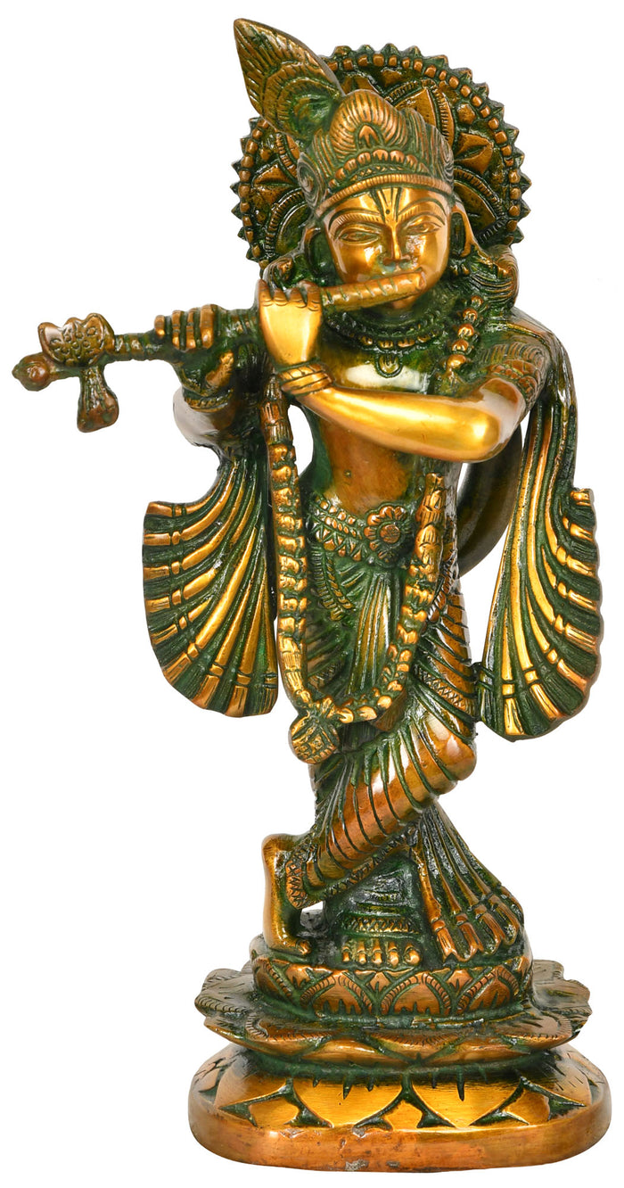 11" Handmade Brass Murli Krishna Statue