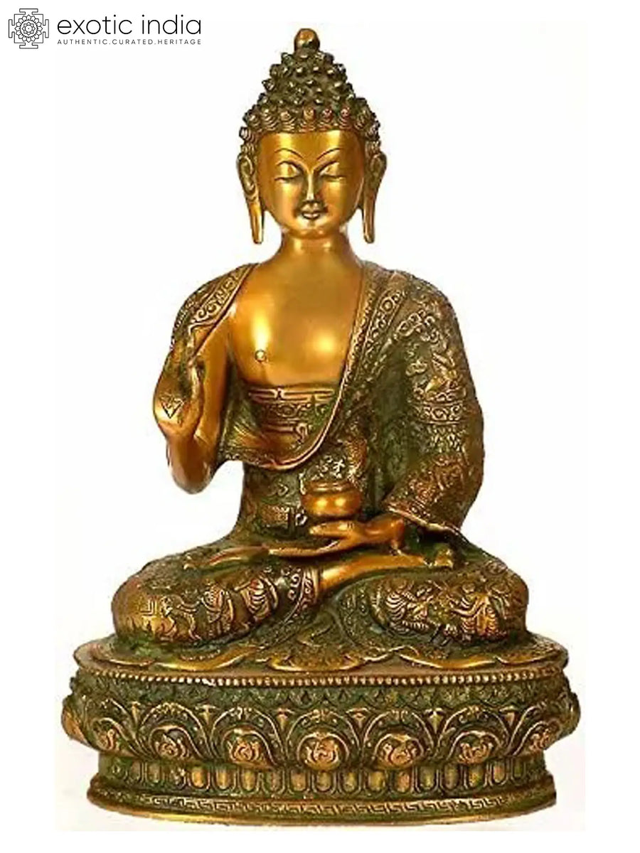 13" Handmade Brass Buddha Statue With Engraved Robes