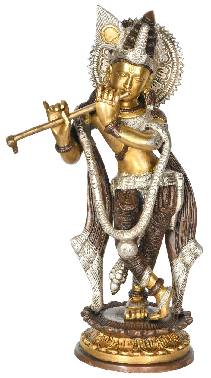 11" Handmade Krishna Brass Statue for Home Pooja