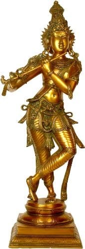 36" Large Krishna Brass Idol in ‘Tri-bhang’ Aspect | Handmade Hindu God Figurine