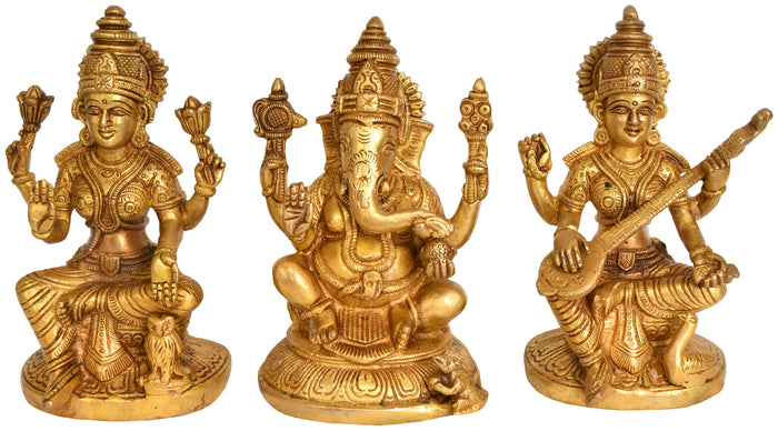 6" Lakshmi Ganesha Saraswati Brass Statue Set Handmade