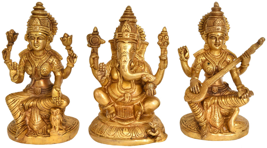 6" Lakshmi Ganesha Saraswati Brass Statue Set Handmade