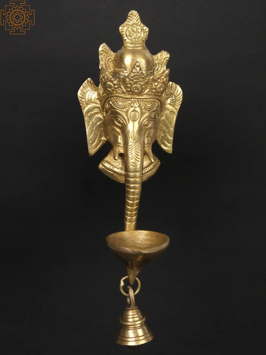 11" Lord Ganesha Brass Wall Hanging Mask with Diya and Bell
