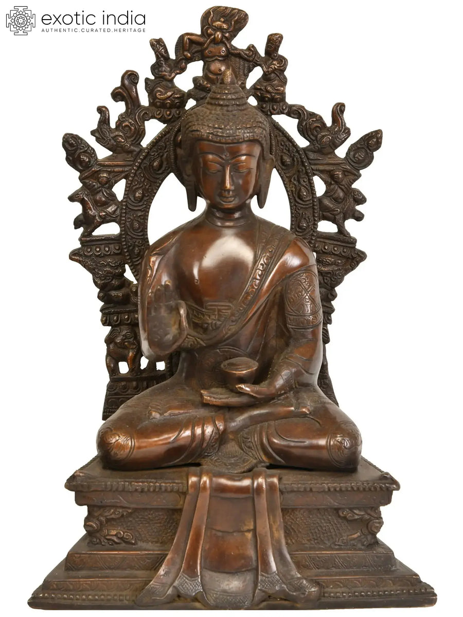 11" Lord Buddha Seated on Throne Brass Statue Handmade