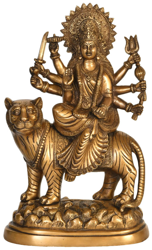 14" Simhavahani Durga Brass Statue Handmade Sherawali Mata Idol
