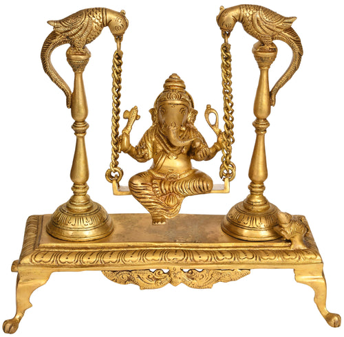 10" Handmade Brass Lord Ganesha Idol on Parrot Swing
