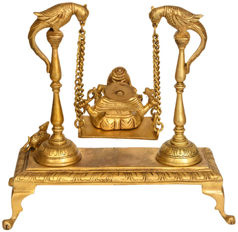 10" Brass Lord Ganesha Idol on a Parrot Swing | Handmade