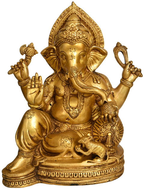 12" Chaturbhuja Relaxing Ganesha Idol Seated on a Chowki with Cushion | Handmade Brass Statue