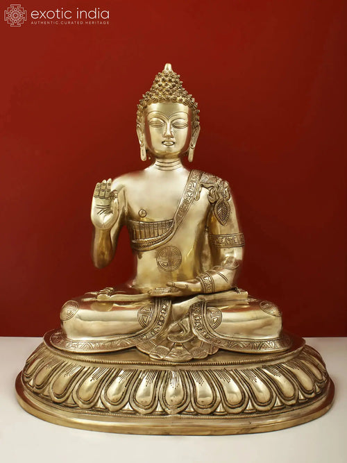 21" Handmade Blessing Buddha Brass Statue with Lotus Throne and Sacred Symbols