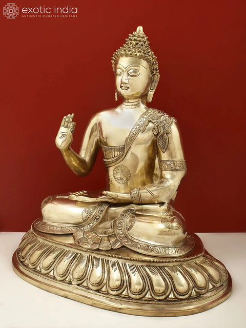 21" Blessing Buddha Seated on Lotus Throne with Sacred Symbols on His Robe In Brass | Handmade | Made In India
