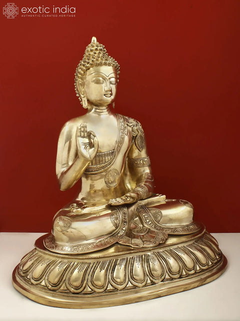 21" Blessing Buddha Seated on Lotus Throne with Sacred Symbols on His Robe In Brass | Handmade | Made In India