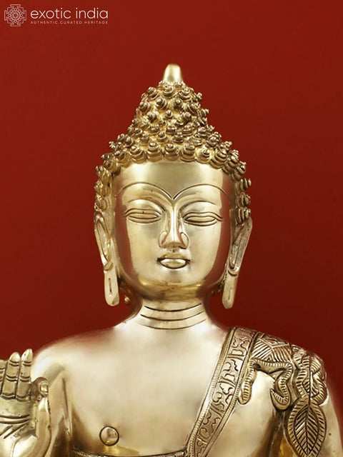 21" Blessing Buddha Seated on Lotus Throne with Sacred Symbols on His Robe In Brass | Handmade | Made In India