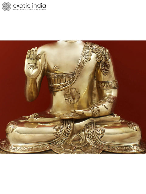 21" Blessing Buddha Seated on Lotus Throne with Sacred Symbols on His Robe In Brass | Handmade | Made In India