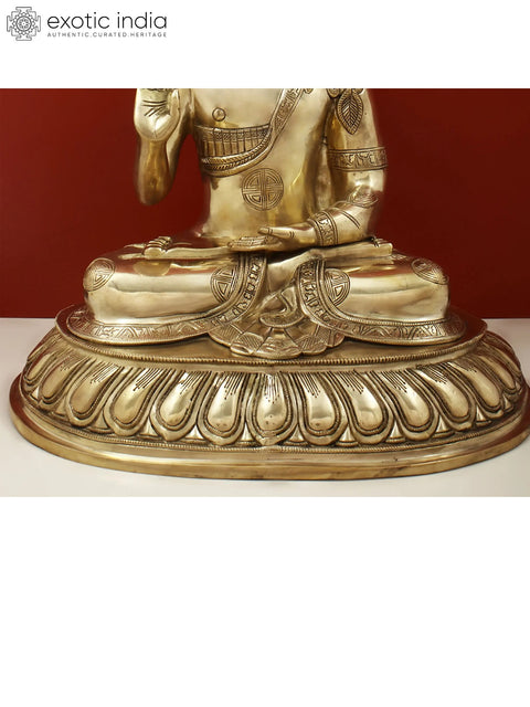 21" Blessing Buddha Seated on Lotus Throne with Sacred Symbols on His Robe In Brass | Handmade | Made In India