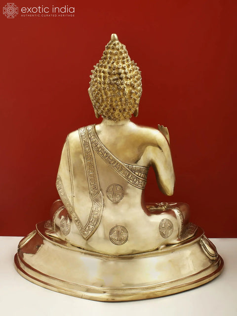 21" Blessing Buddha Seated on Lotus Throne with Sacred Symbols on His Robe In Brass | Handmade | Made In India