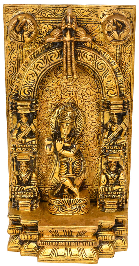 7" Brass Fluting Krishna Idol on Almond-Shaped Aureole | Handmade Religious Figurine