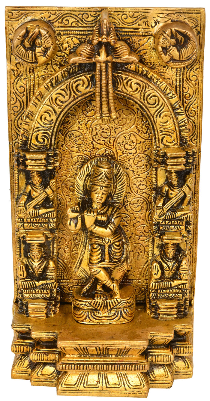 7" Brass Fluting Krishna Idol with Aureole Handmade Statue