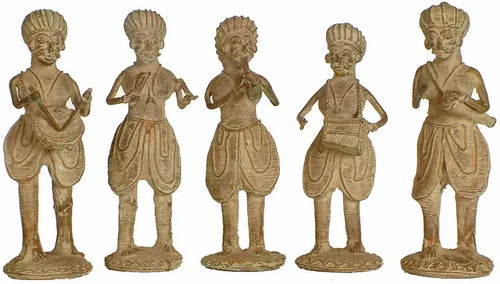 7" Handmade Tribal Musicians Brass Statue Set from Bastar