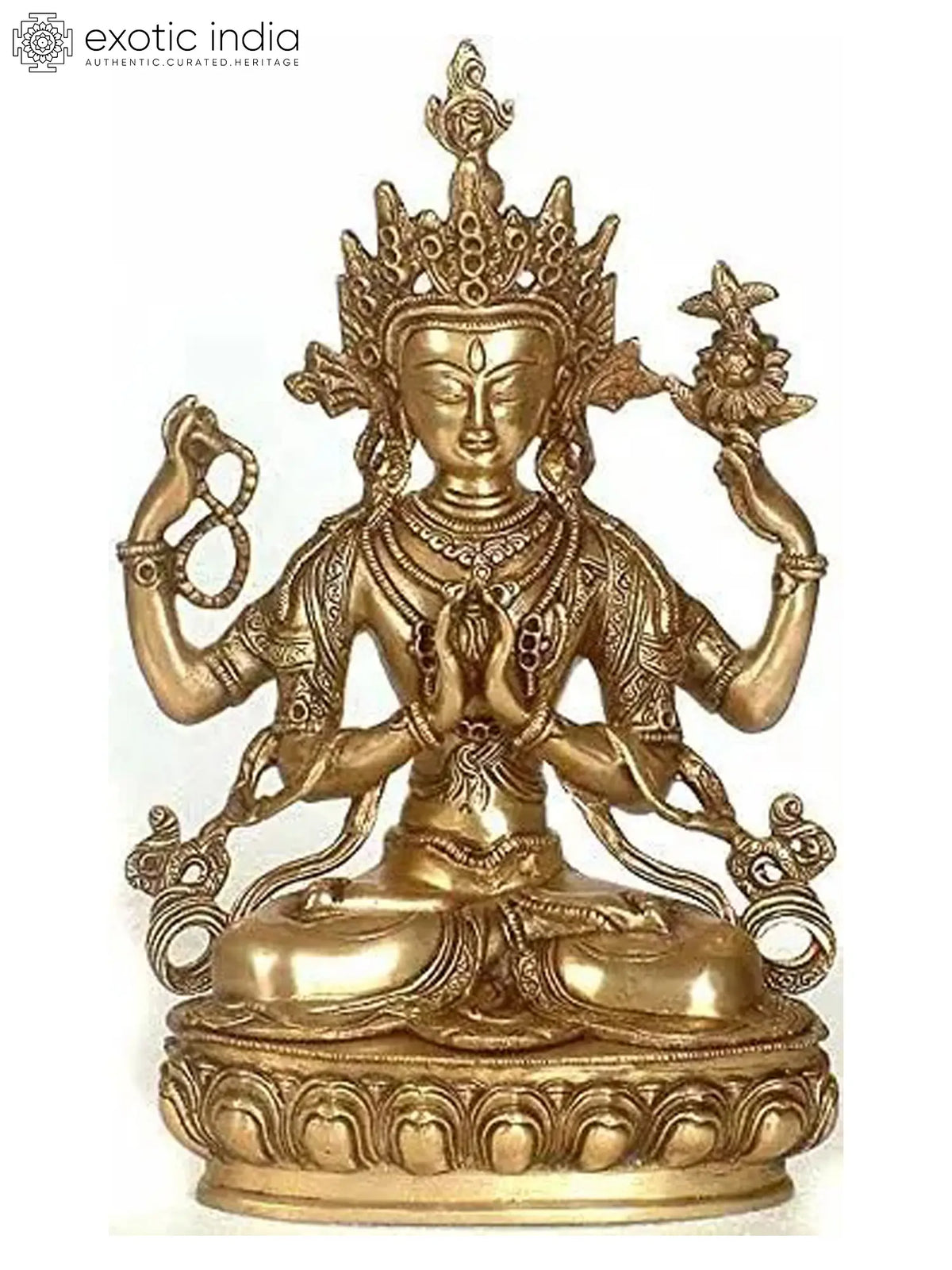 13" Four-Armed Avalokiteshvara (Tibetan Buddhist Deity) In Brass | Handmade | Made In India