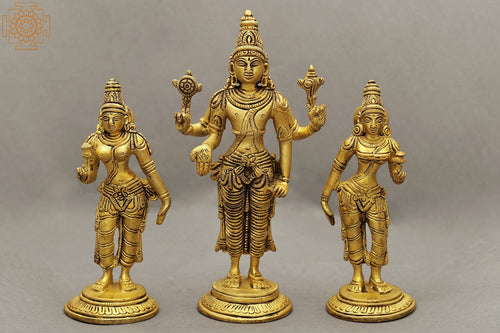 6" Brass Lord Vishnu Idol with Shridevi and Bhudevi Handmade
