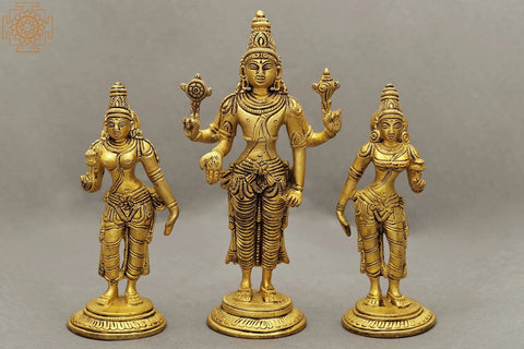6" Brass Lord Vishnu Statue with Shridevi and Bhudevi | Handmade | Made in India