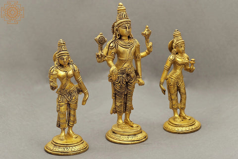 6" Brass Lord Vishnu Statue with Shridevi and Bhudevi | Handmade | Made in India