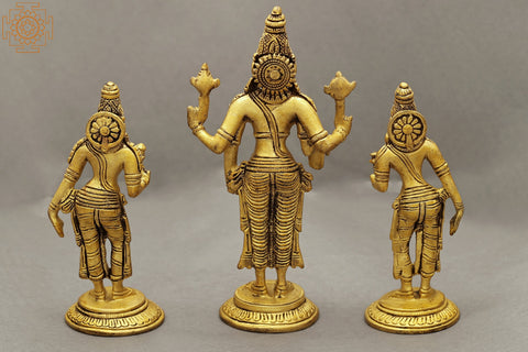 6" Brass Lord Vishnu Statue with Shridevi and Bhudevi | Handmade | Made in India
