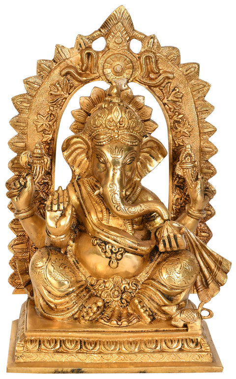 12" Lord Ganesha with Floral Aureole In Brass | Handmade | Made In India