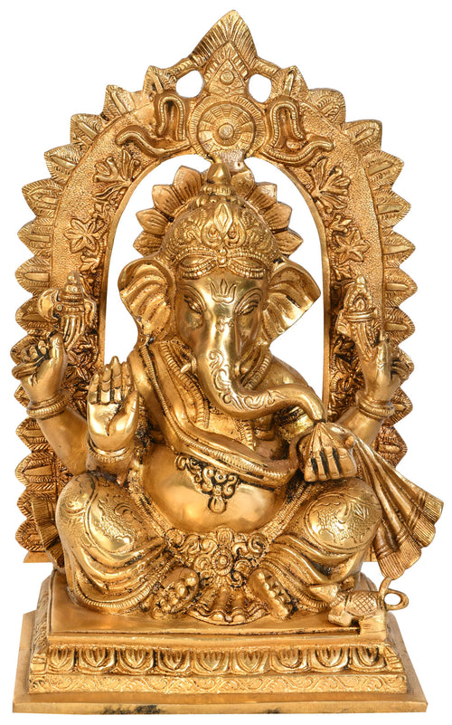 12" Lord Ganesha Brass Statue with Floral Aureole Handmade