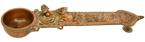 Large Size Brass Ritual Spoon (Uddharani) with Figures of Nandi and Shiva Linga