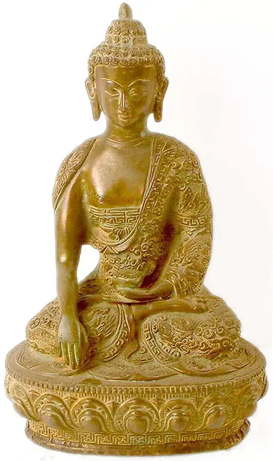Buddha in Earth-Touching Gesture Brass Statue with Decorated Robe