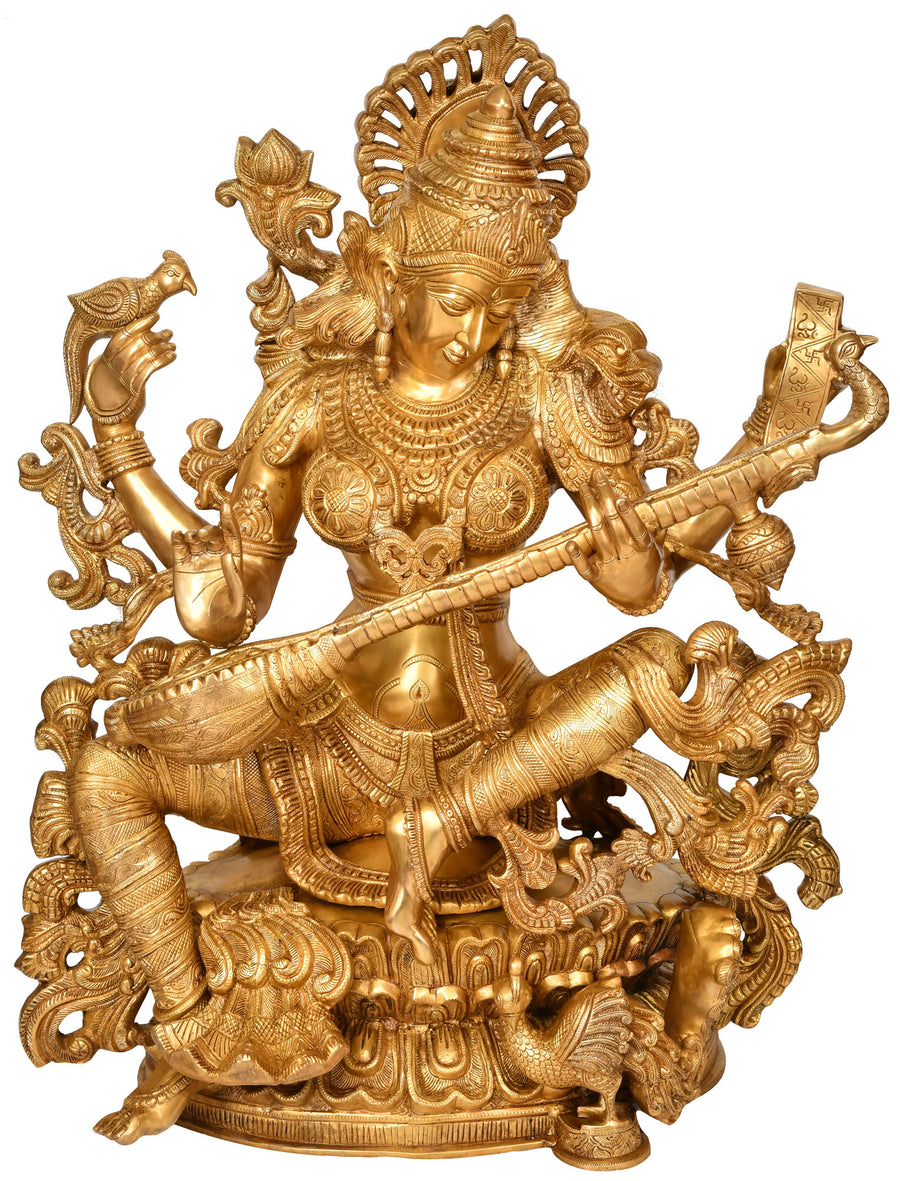 37" Handmade Brass Goddess Saraswati Statue for Home Decor