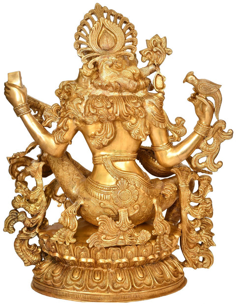 37" Large Size Goddess Saraswati In Brass | Handmade | Made In India